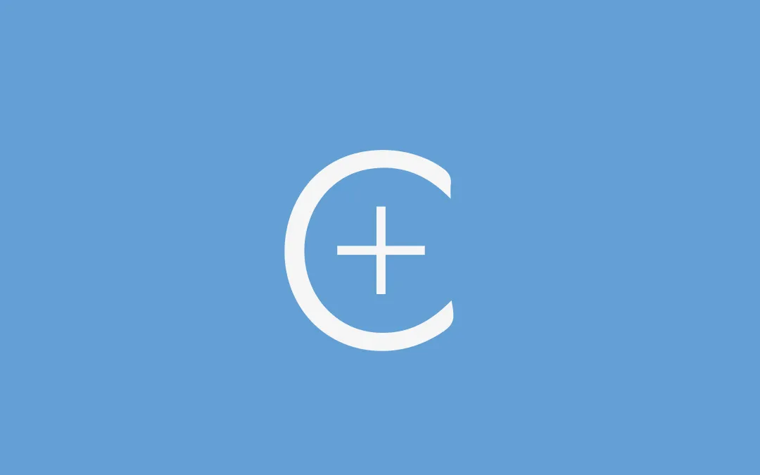 The letter C and a "+" symbol in its center, over a blue background